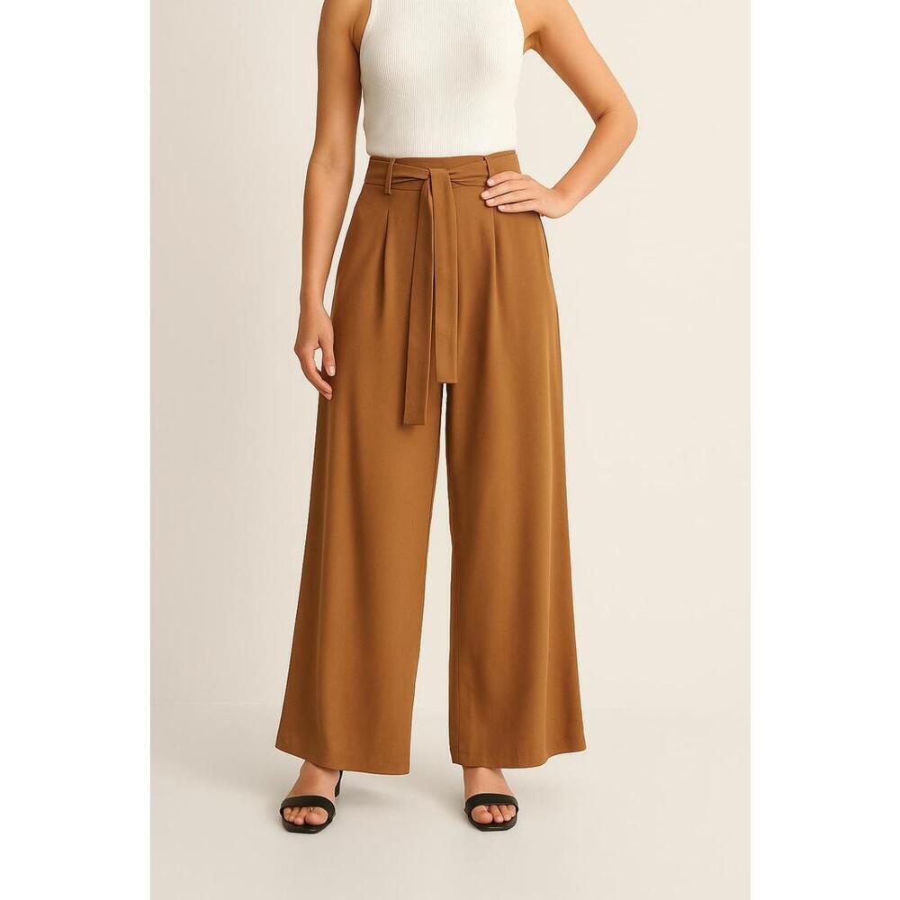 Title: S Wide Leg High Waist Camel Pants Minimalist Pleated Belted Boho Chic